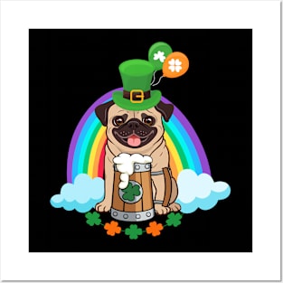 Cute Pug Drinking Beer Rainbow Patrick's Day Posters and Art